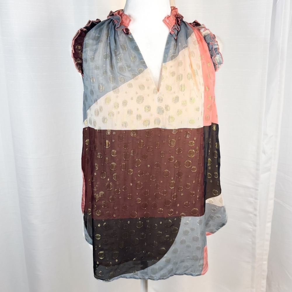 Maeve Anthropologie Fantasia Metallic Clip Dot Blouse Womens 0 Boho Sleeveless